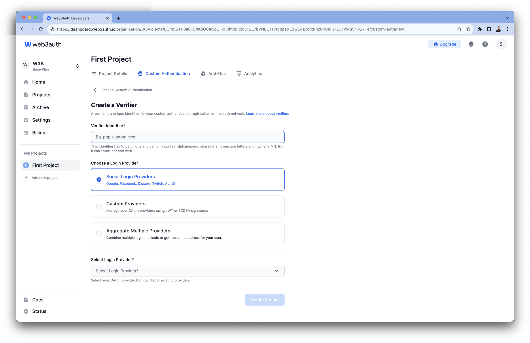 Verifier Modal on Web3Auth Dashboard